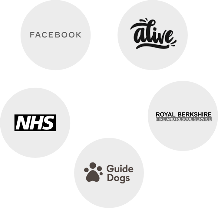 logos of NHS, Facebook, Alive, Guide Dogs and Royal Berkshire Fire and Rescue